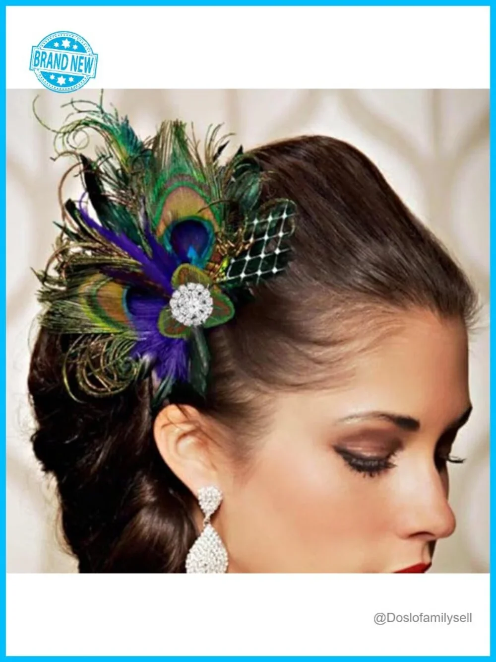 Peacock Feather Hair Clip 1920s Fascinator with Rhinestone Flapper Prom Hair